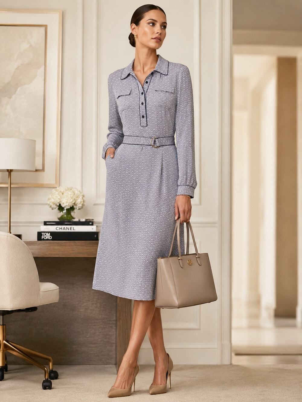 NWT Tory Burch 100% Silk Belted Shirt Dress Navy Print Luxury 6 $750+ Retail